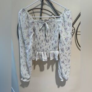 Ckh Clockhouse White and Purple Floral Smocked Blouse Size 36 Feminine
